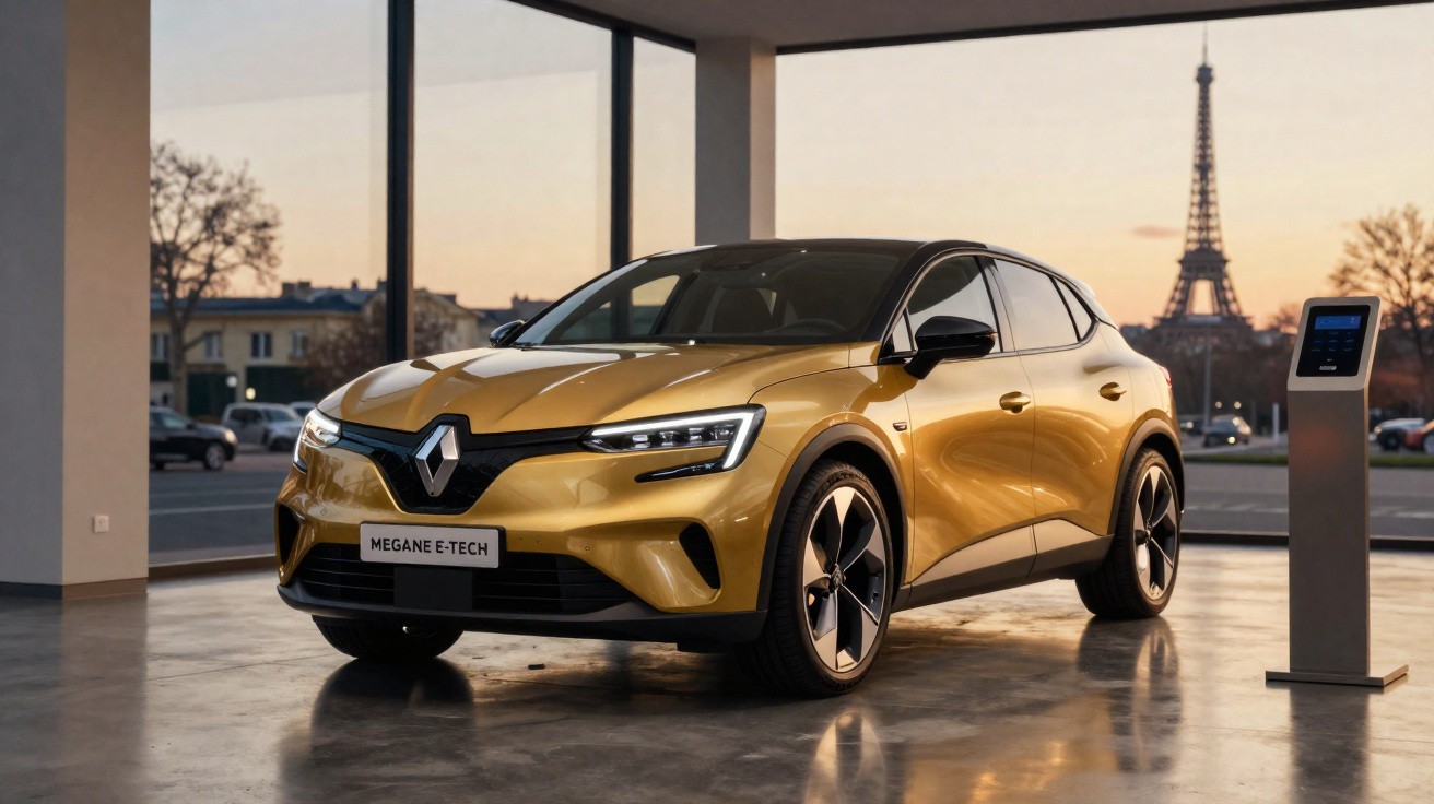 Carro elétrico Renault Megane E-Tech dourado em showroom com a Torre Eiffel ao fundo ao entardecer.