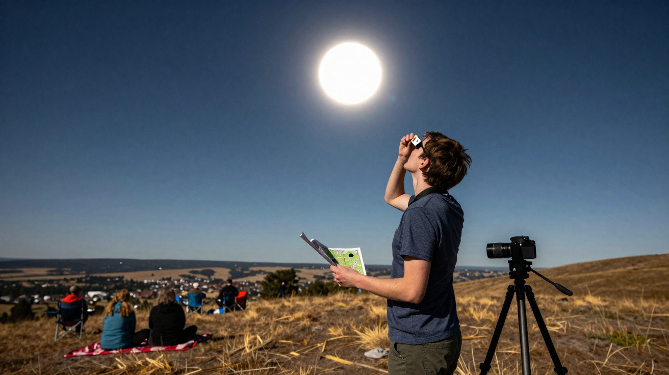 Pessoa observando eclipse solar com filtro, segurando mapa, câmera em tripé e grupo sentado ao fundo.