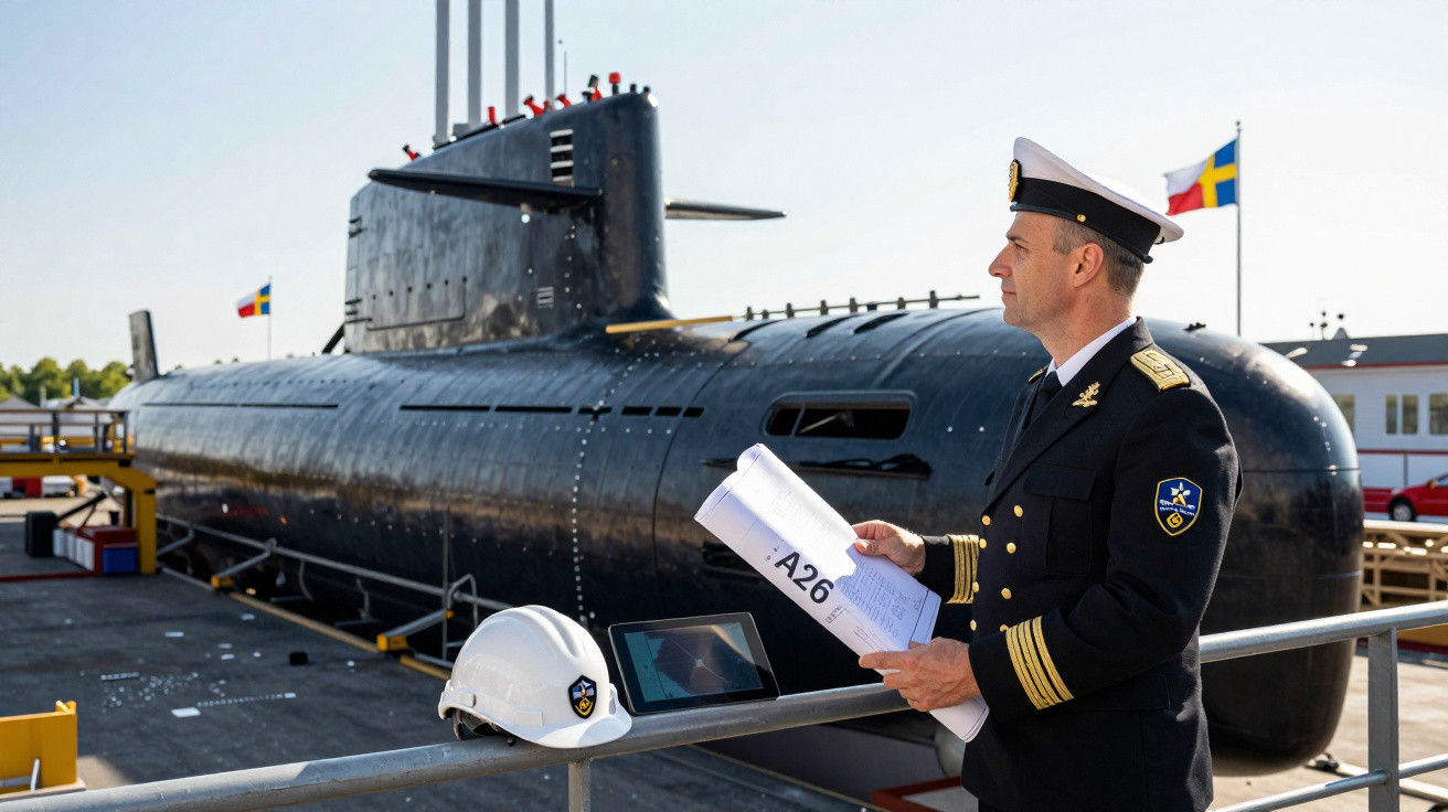 Homem de uniforme naval com plantas na mão em frente a um submarino no porto em dia ensolarado.