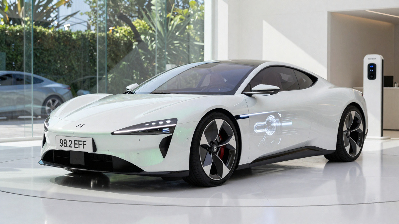 Carro esportivo elétrico branco estacionado em ambiente moderno com parede de vidro e carregador elétrico ao fundo.