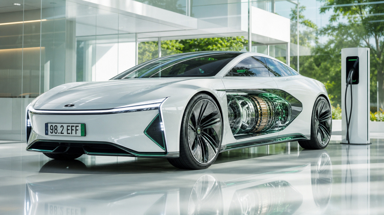 Carro elétrico futurista branco com motor transparente ligado a um carregador em ambiente moderno.