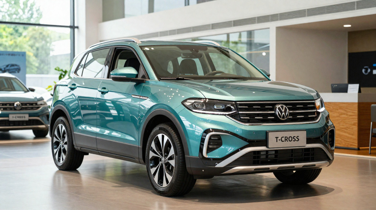 Volkswagen T-Cross azul em exposição dentro de showroom de carros moderno.
