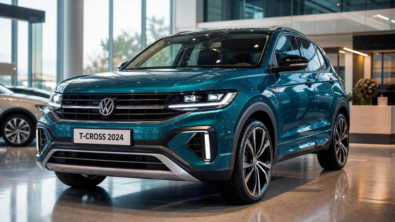 Volkswagen T-Cross 2024 azul exibido em showroom moderno com piso refletivo.