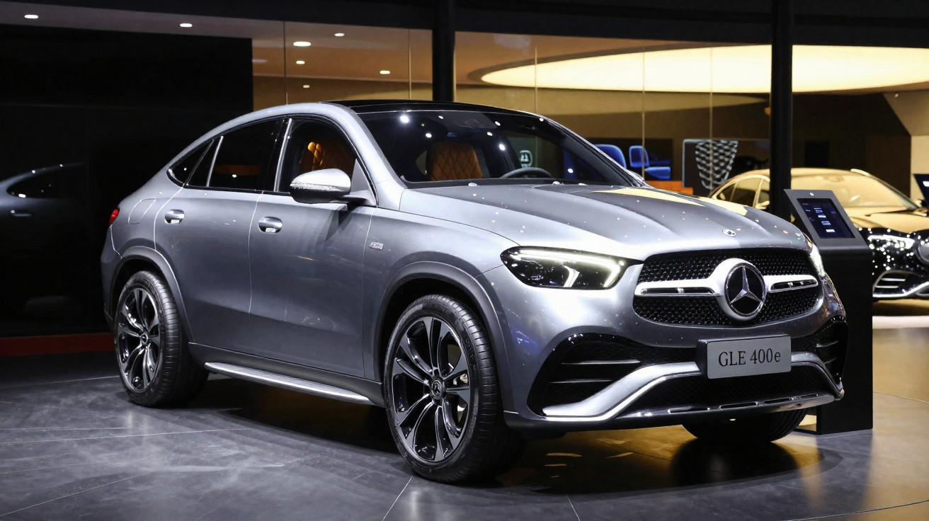 Carro SUV Mercedes-Benz GLE 400e prata exibido em showroom com iluminação destacando design moderno e rodas pretas.