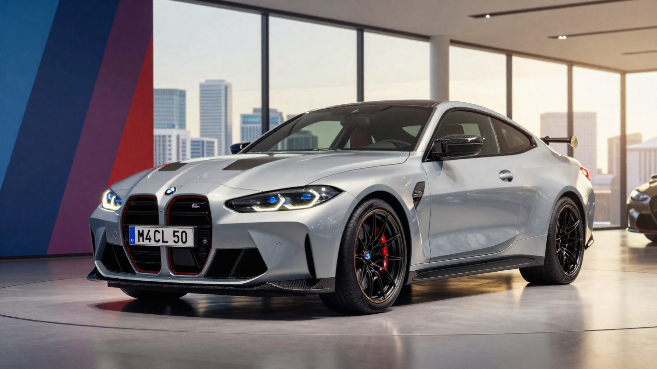 Carro esportivo BMW M4 prata em ambiente interno com paredes envidraçadas e detalhes em azul e vermelho.