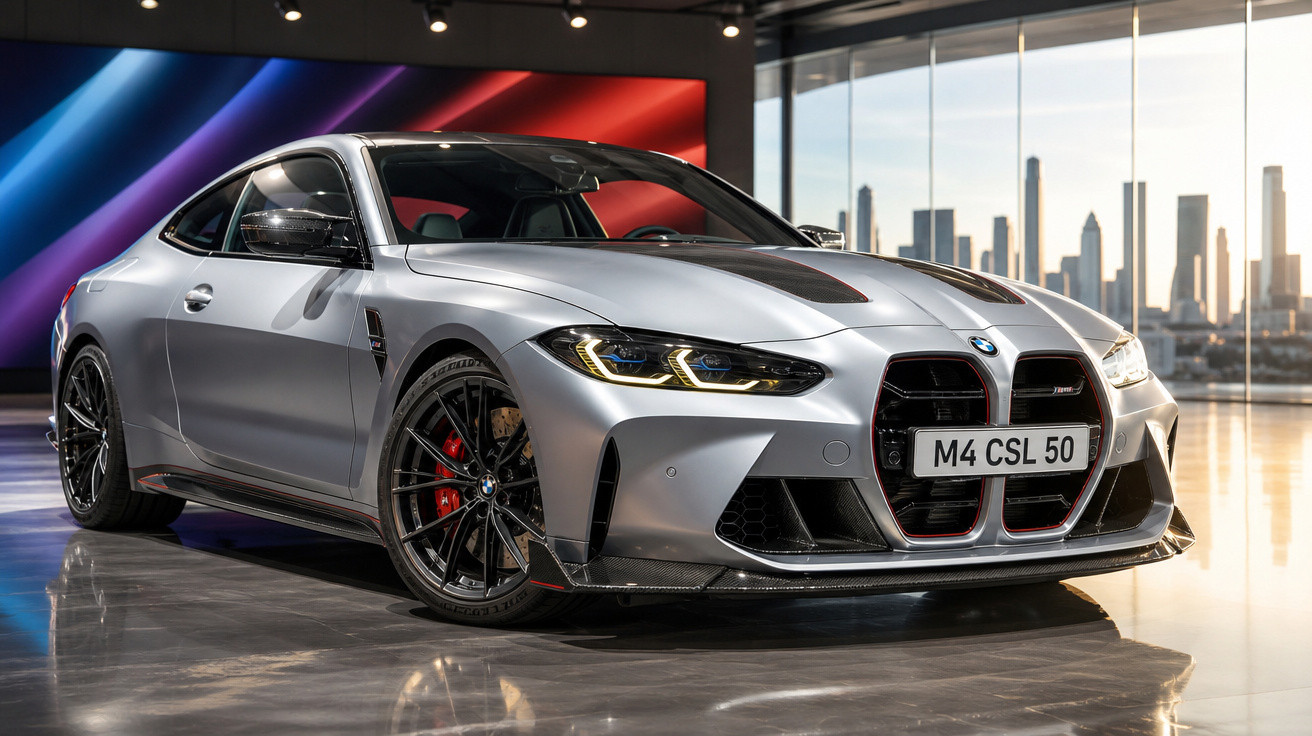 Carro esportivo BMW M4 CSL prata com detalhes em preto exposto em ambiente interno moderno.