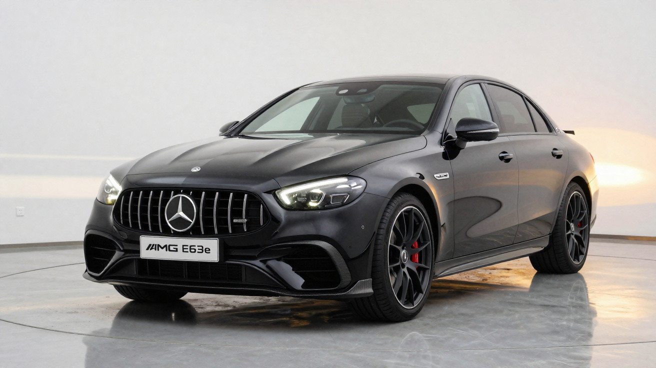 Carro Mercedes-Benz AMG E 63e preto estacionado em piso claro com fundo branco e iluminação suave.