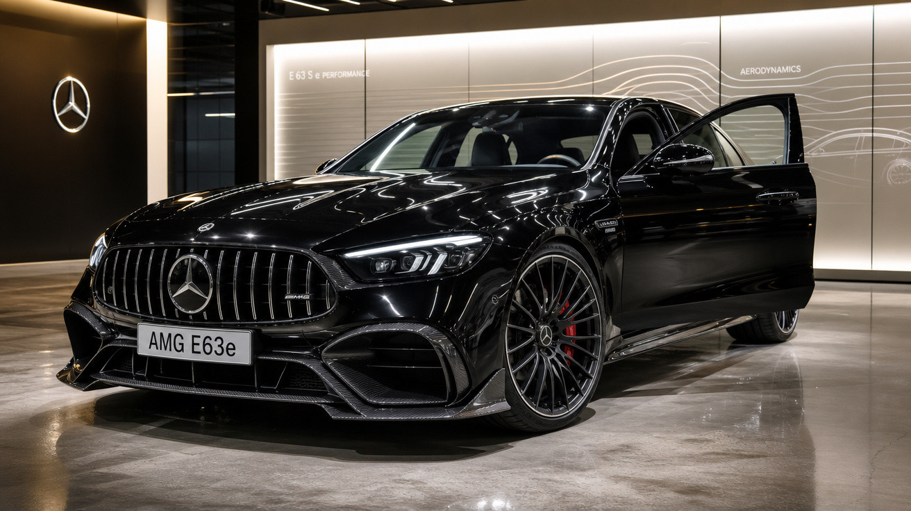 Carro esportivo preto Mercedes AMG E63e em ambiente interno moderno, com porta dianteira aberta.