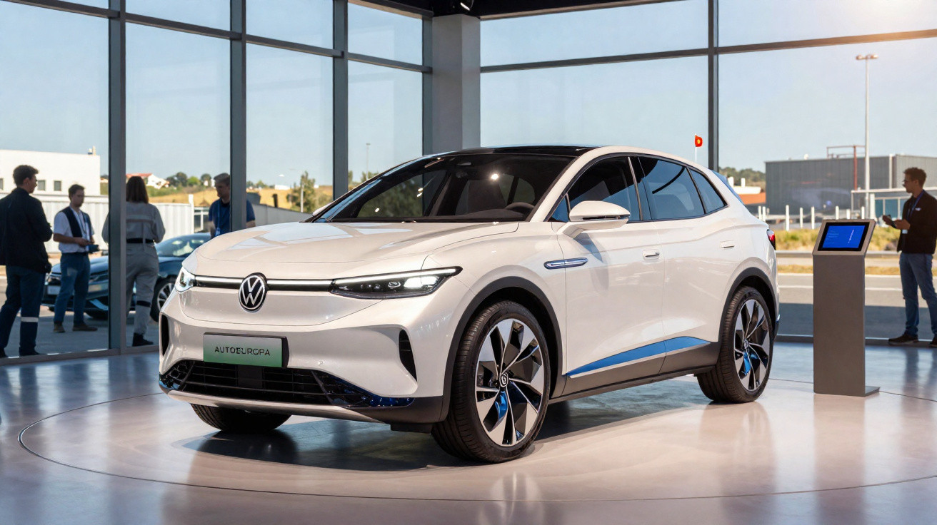 Carro elétrico branco Volkswagen ID.4 exibido em showroom moderno com grandes janelas e pessoas ao fundo.