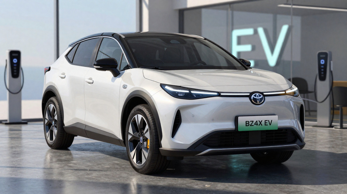 Carro elétrico branco Toyota BZ4X EV estacionado próximo a estações de recarga em ambiente moderno.