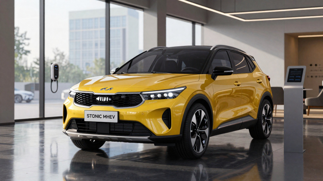 Carro SUV Kia Stonic MHEV amarelo exibido em ambiente interno moderno com piso refletivo.