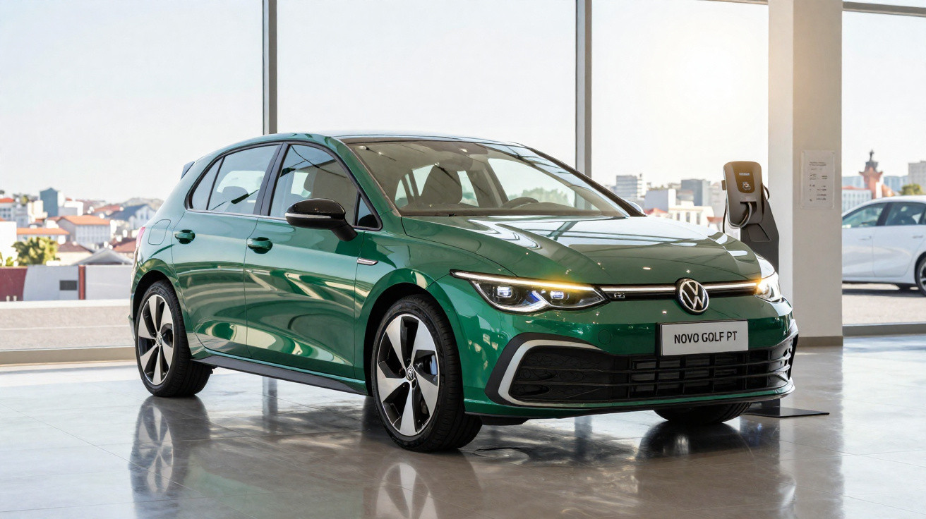 Carro verde Volkswagen Novo Golf PT estacionado em showroom, próximo a estação de carregamento elétrico.