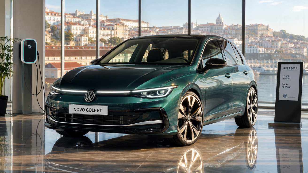 Carro Volkswagen Novo Golf verde estacionado em showroom com parede de vidro e vista para cidade ao fundo.