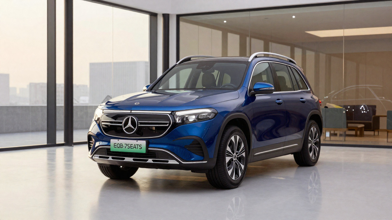 SUV elétrico Mercedes-Benz EQB azul em showroom moderno com grandes janelas de vidro.