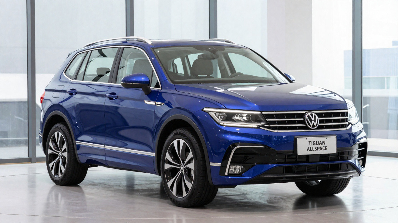 SUV Volkswagen Tiguan Allspace azul estacionado em ambiente interno com fundo claro.