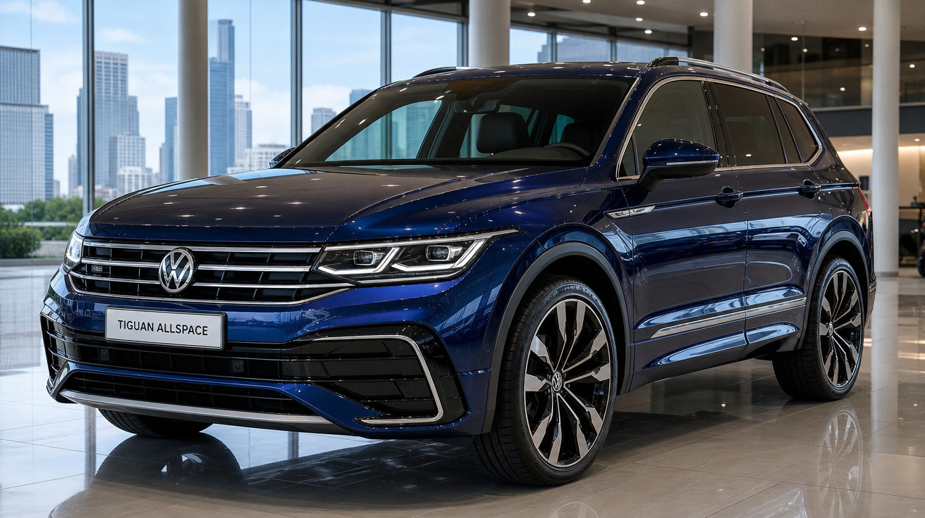 SUV Volkswagen Tiguan Allspace azul metálico exibido em showroom moderno com cidade ao fundo.
