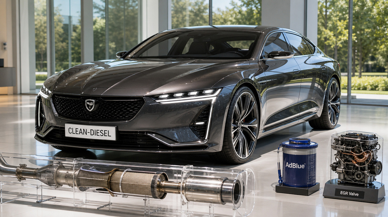 Carro esportivo cinza com motor e peças de sistema de emissão AdBlue exibidos em ambiente interno iluminado.