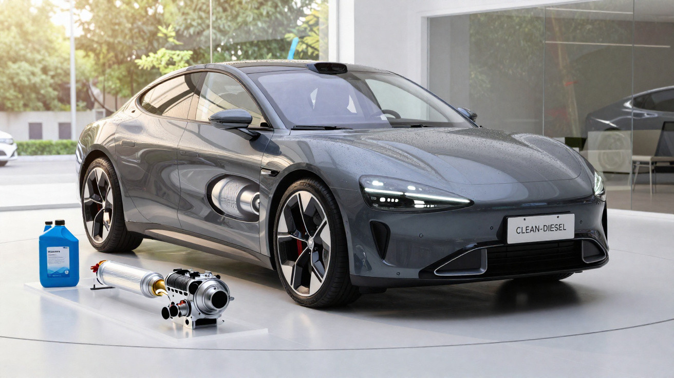 Carro cinza moderno em exposição com motor e óleo ao lado, ambiente claro e vidro refletivo.