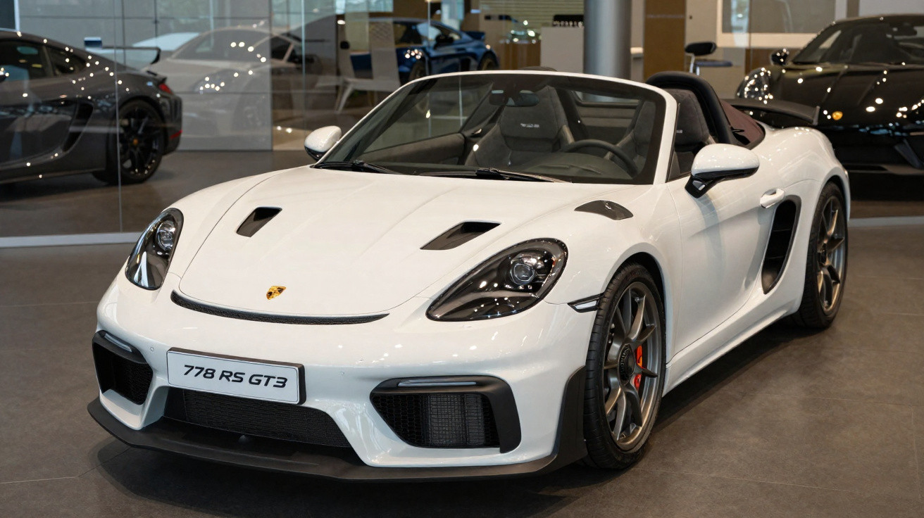 Carro esportivo conversível Porsche 778 RS GT3 branco exibido em showroom.
