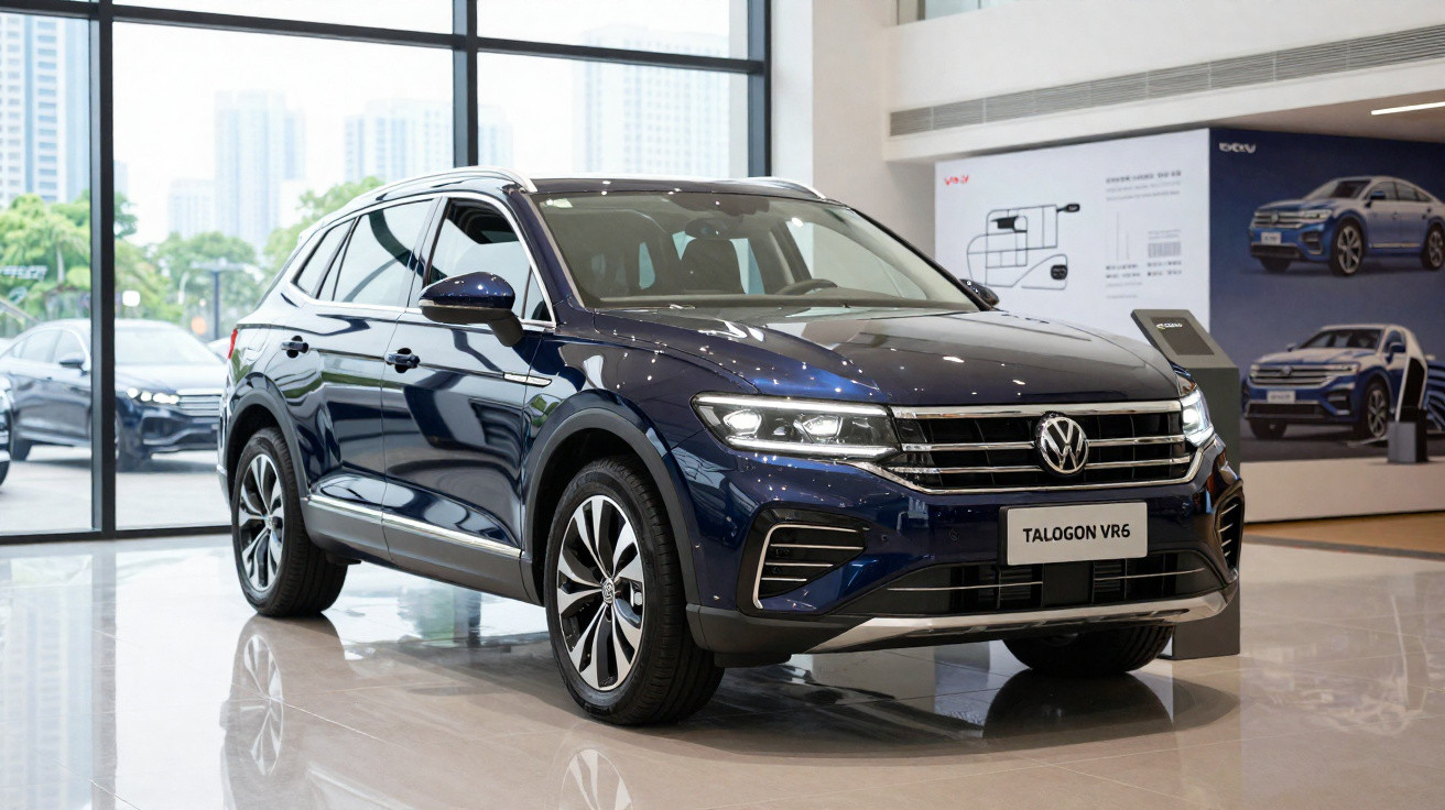 Volkswagen Talagon VR6 azul escuro exposto em showroom moderno com piso refletivo.