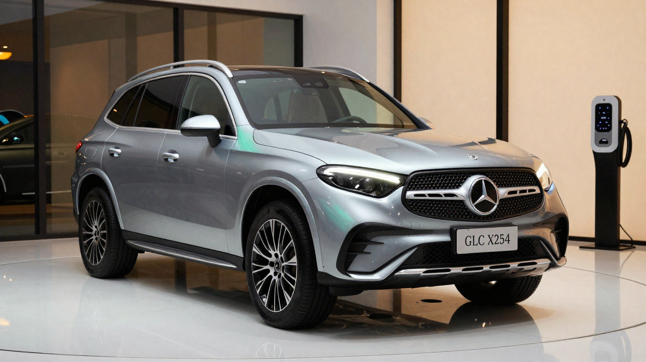 Carro SUV prata Mercedes-Benz GLC X254 estacionado em ambiente interno moderno com carregador elétrico ao fundo.