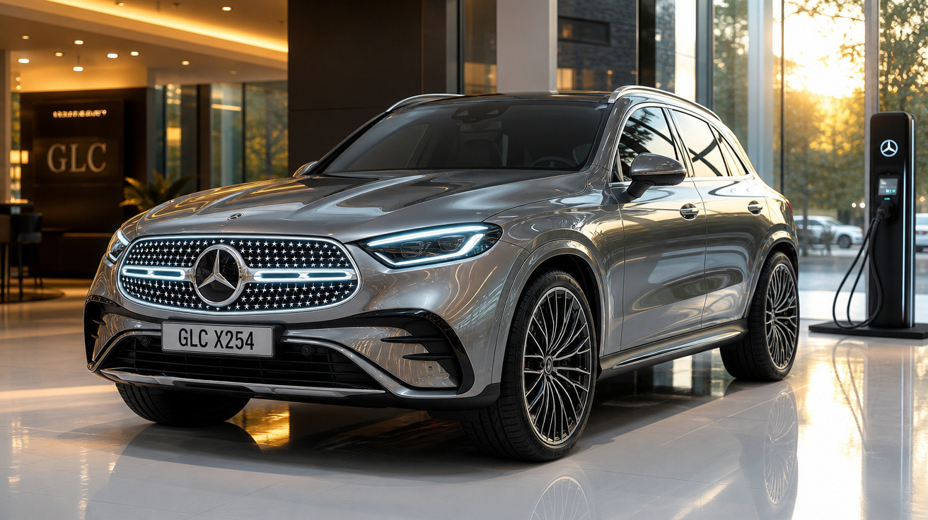 Carro elétrico Mercedes-Benz GLC estacionado em showroom moderno, junto a estação de carregamento.