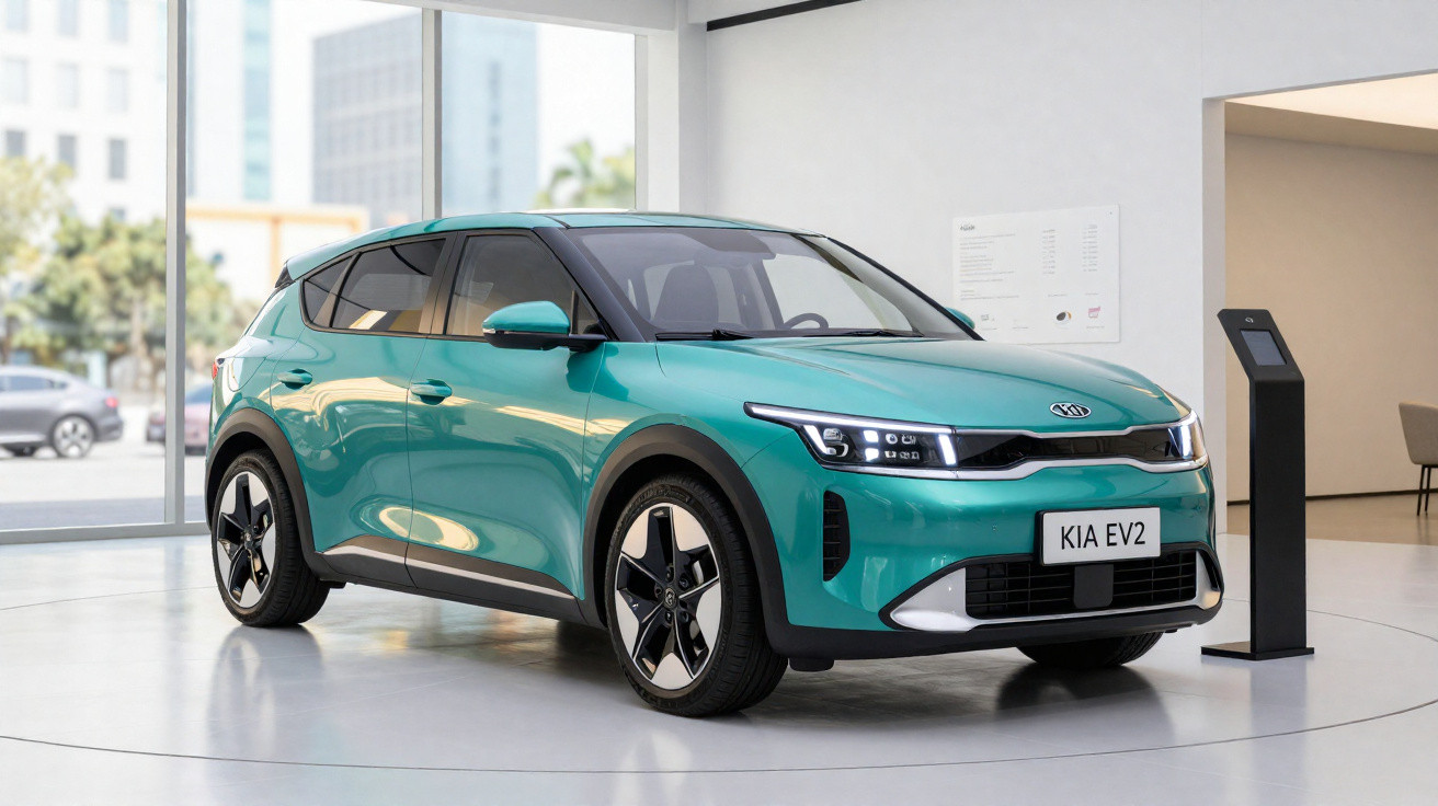 Carro elétrico Kia EV2 verde exposto em ambiente interno moderno com pedestal interativo ao lado.