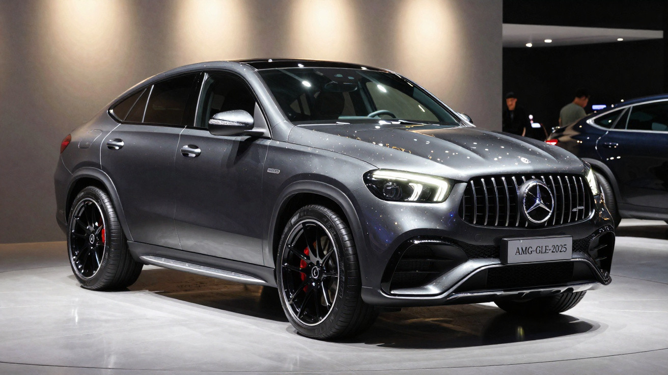 Mercedes-Benz AMG GLE 2025 cinza estacionado em exposição automotiva com rodas pretas.