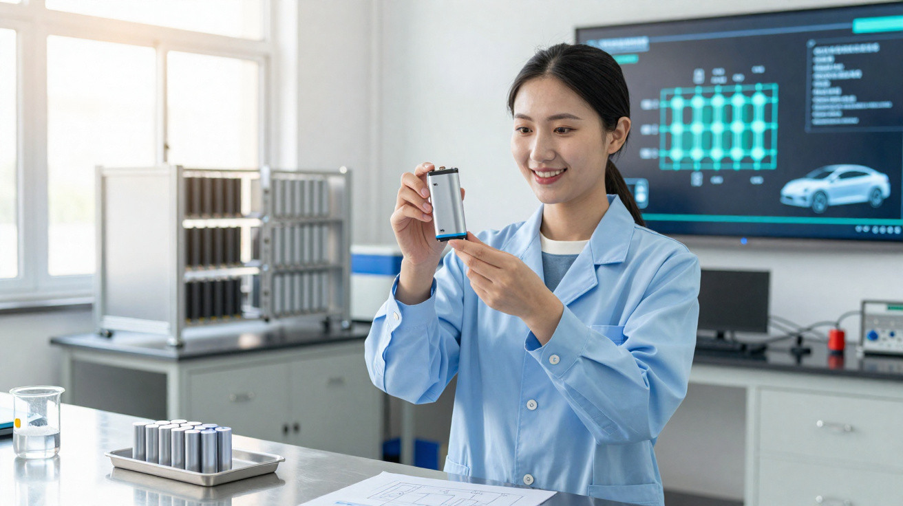 Mulher cientista em laboratório analisando bateria cylindrical e sorrindo.