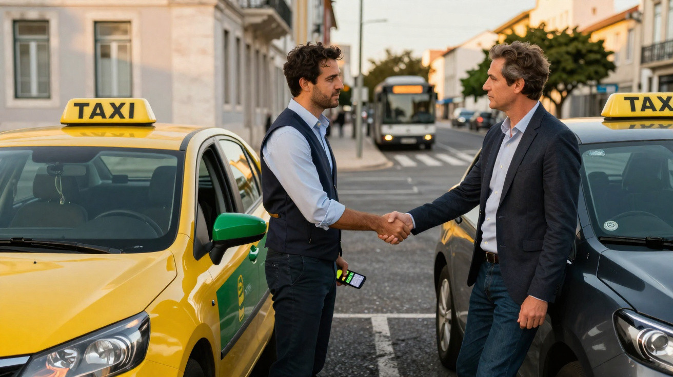 Dois homens apertando as mãos entre dois táxis estacionados em uma rua urbana.