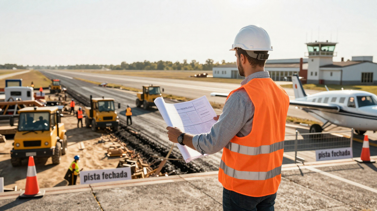 Engenheiro com colete e capacete revisa planta em obra de pavimentação em pista de aeroporto fechada.
