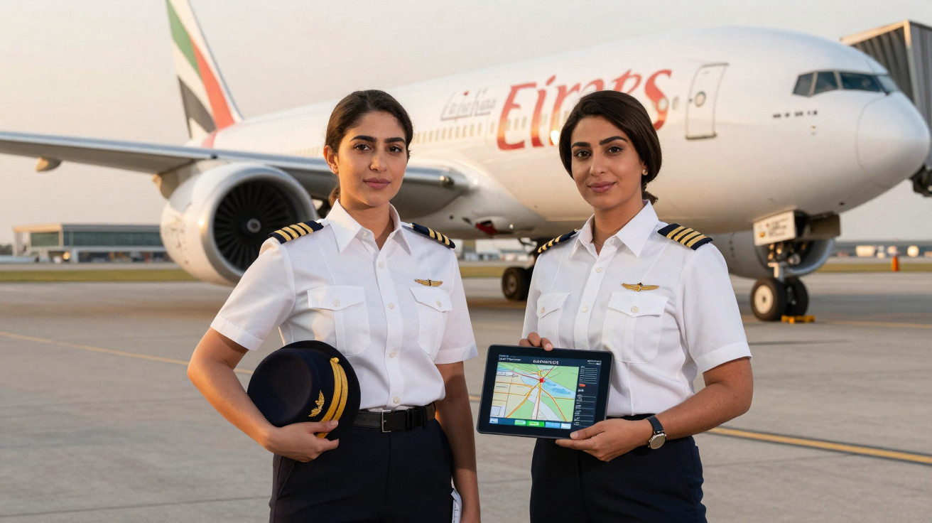 Duas pilotos femininas da Emirates em uniformes brancos na pista, com avião ao fundo e tablet na mão.
