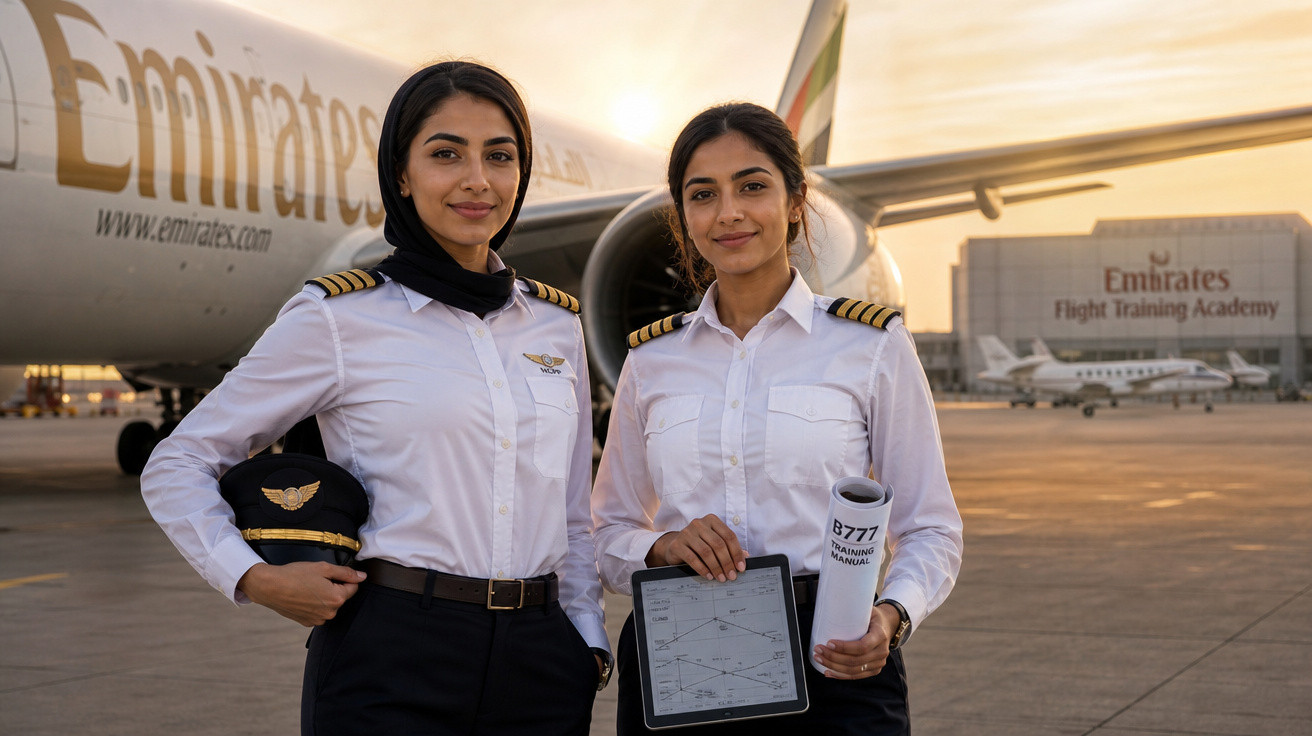 Duas mulheres pilotos em uniforme posam em aeroporto à frente de avião e prédio da Emirates Flight Training Academy.