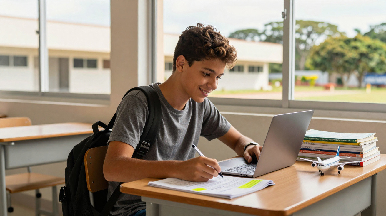 Adolescente estudando com caderno, laptop e mochila em sala de aula com janela ao fundo.