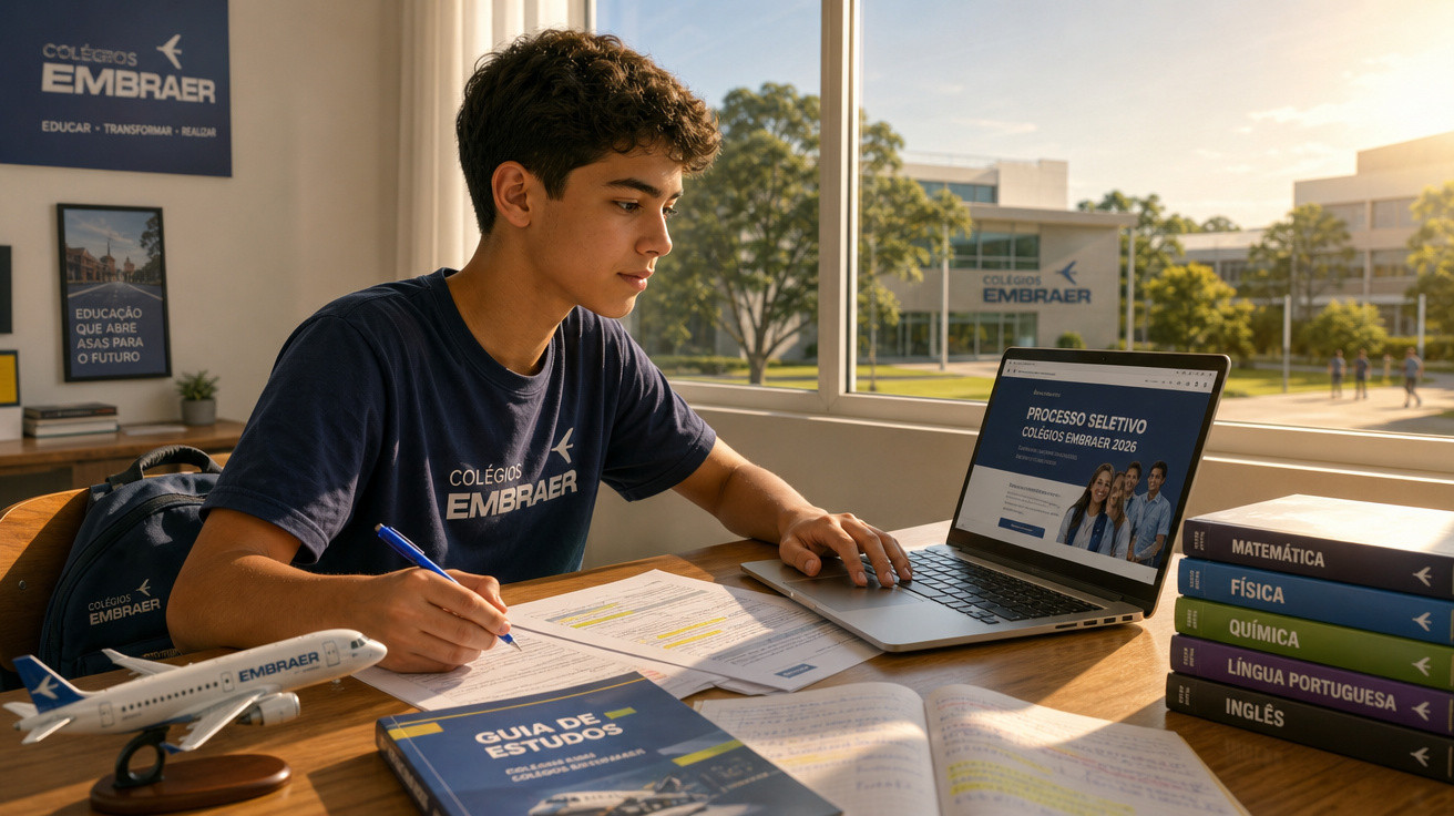 Estudante concentrado utilizando computador e materiais escolares na mesa, em sala com vista para Colégios Embraer.