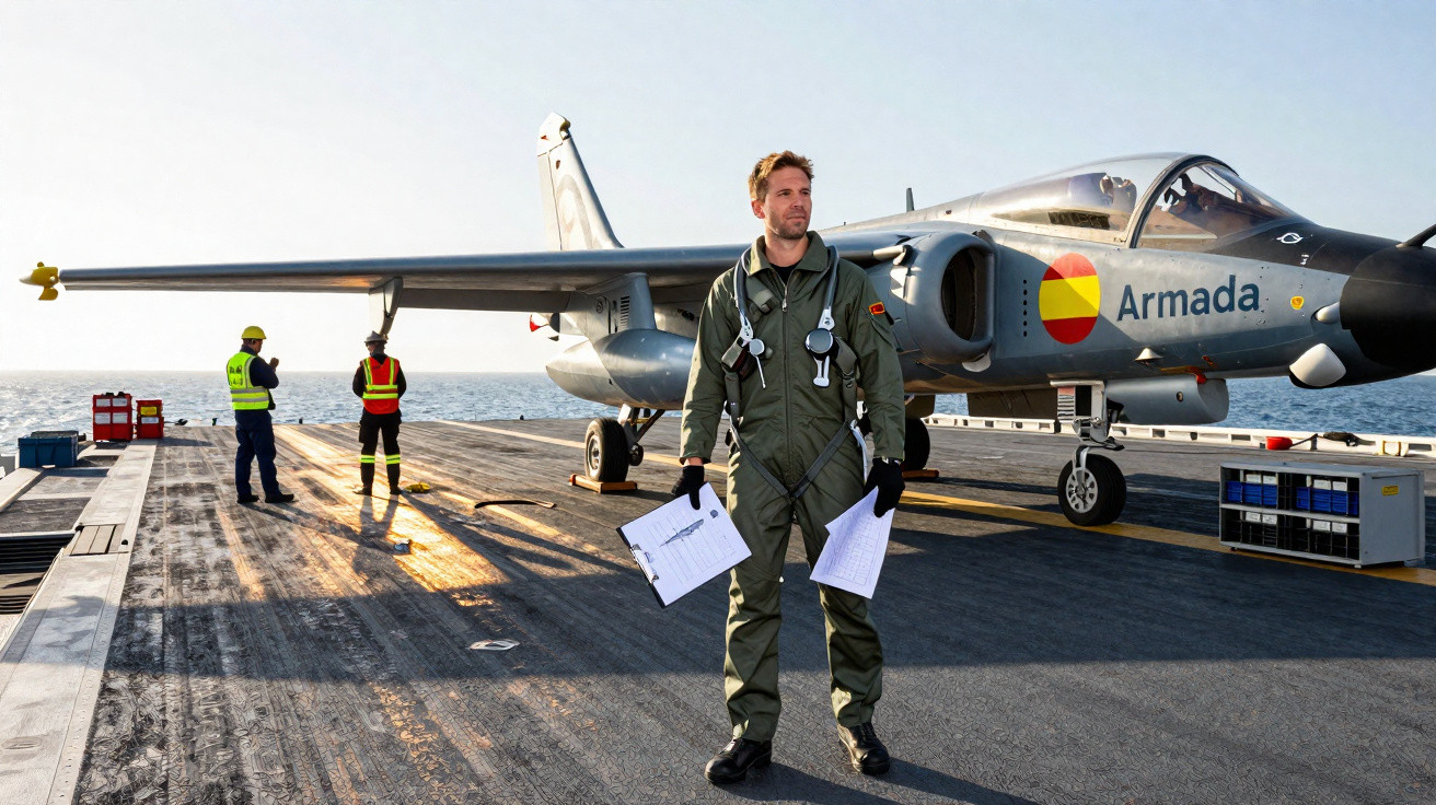 Piloto militar em roupa de voo com documentos ao lado de avião de caça estacionado em porta-aviões no mar.
