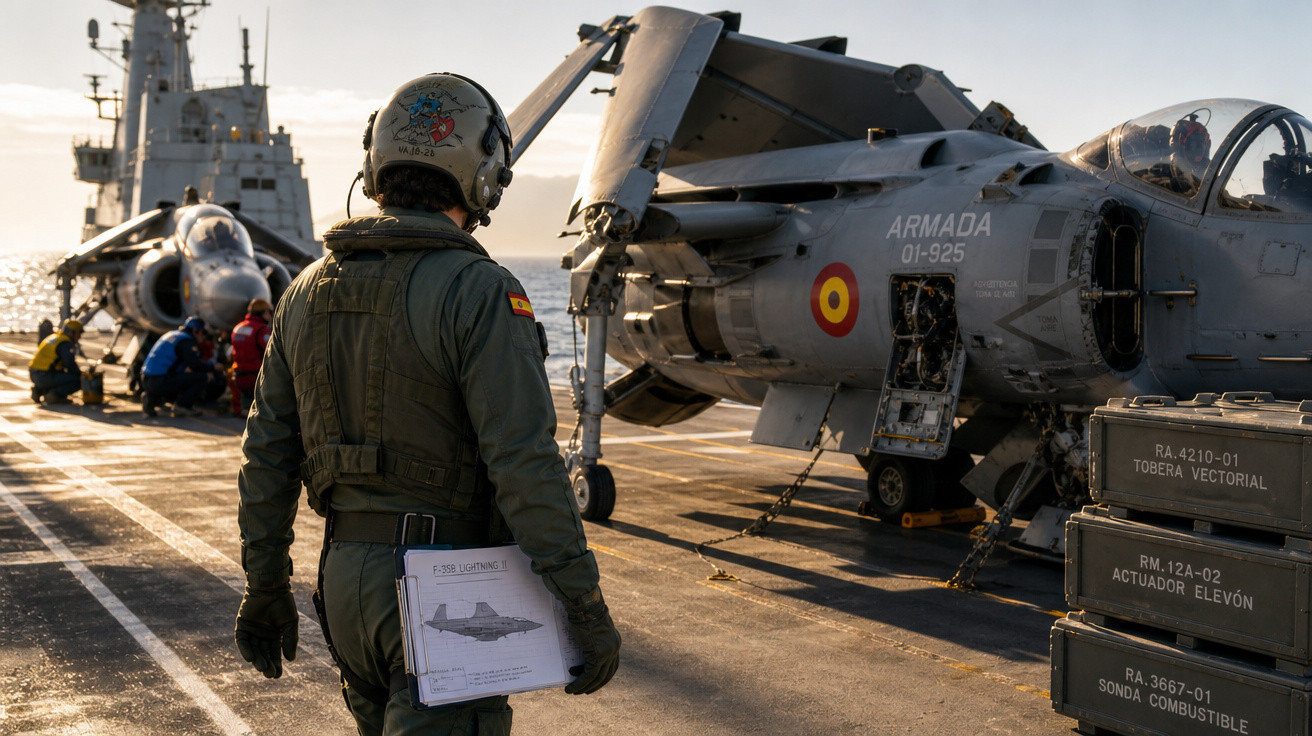 Piloto com macacão verde observa jato militar em porta-aviões durante entardecer no mar.