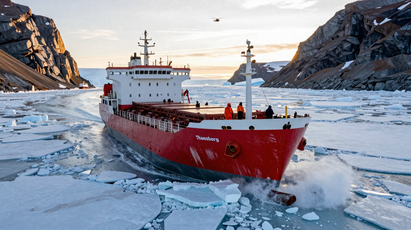 Navio vermelho quebra-gelo navegando entre gelo e montanhas rochosas sob céu claro no pôr do sol.