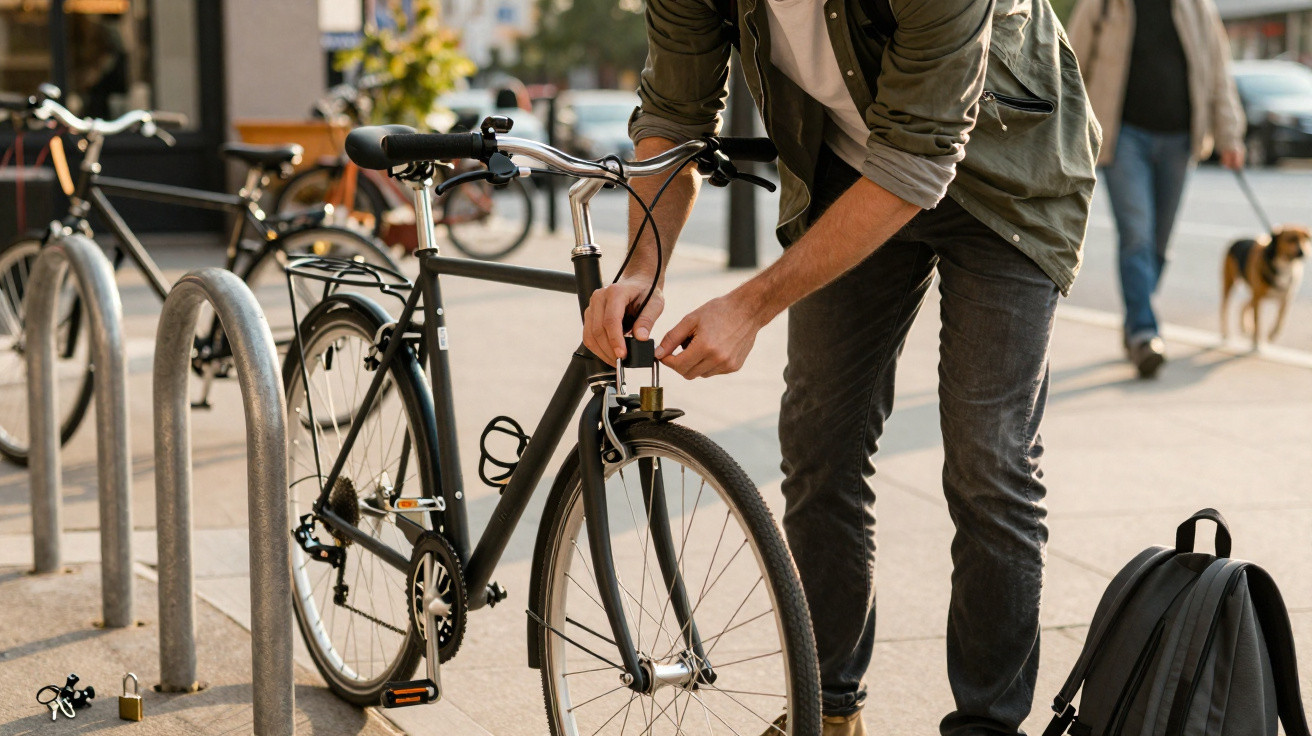 Pessoa trancando bicicleta preta em suporte na calçada de área urbana, mochila preta ao lado.