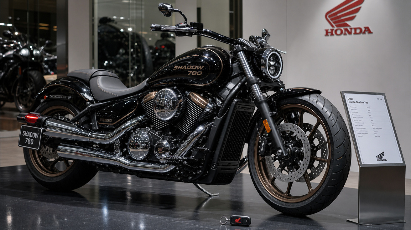 Motocicleta Honda Shadow 780 preta exposta em showroom com placa e chave na frente.