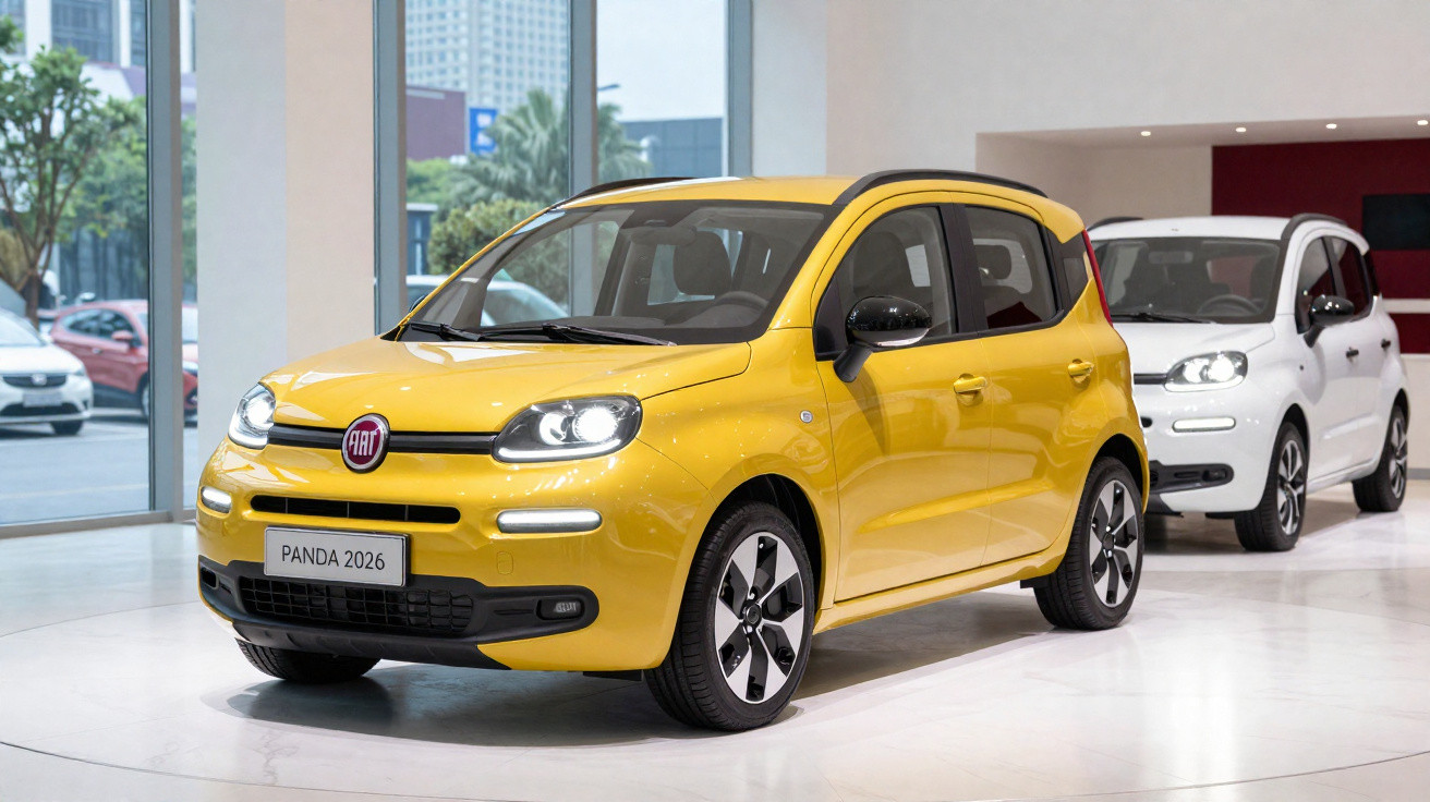 Carro Fiat Panda 2026 amarelo em exposição interna com modelo branco ao fundo.