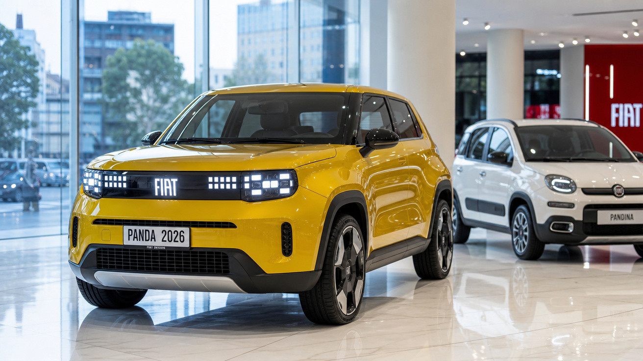 SUV compacto Fiat Panda 2026 amarelo exibido em showroom moderno com modelo Fiat Pandina branco ao fundo.