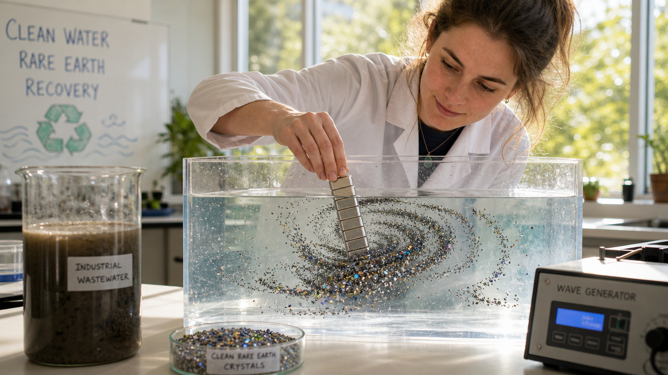 Mulher cientista em laboratório usando imãs para separar partículas em água limpa dentro de tanque transparente.