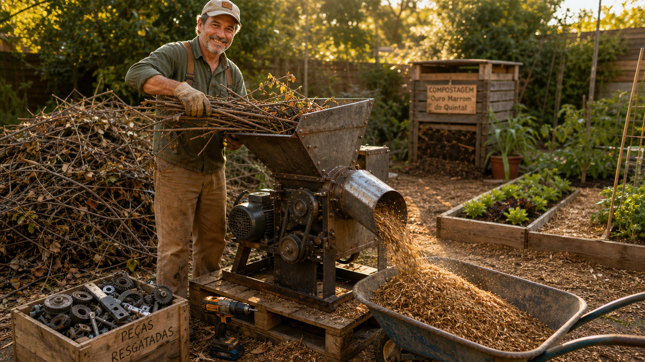 Homem feliz triturando galhos em máquina para compostagem em horta orgânica ao ar livre.