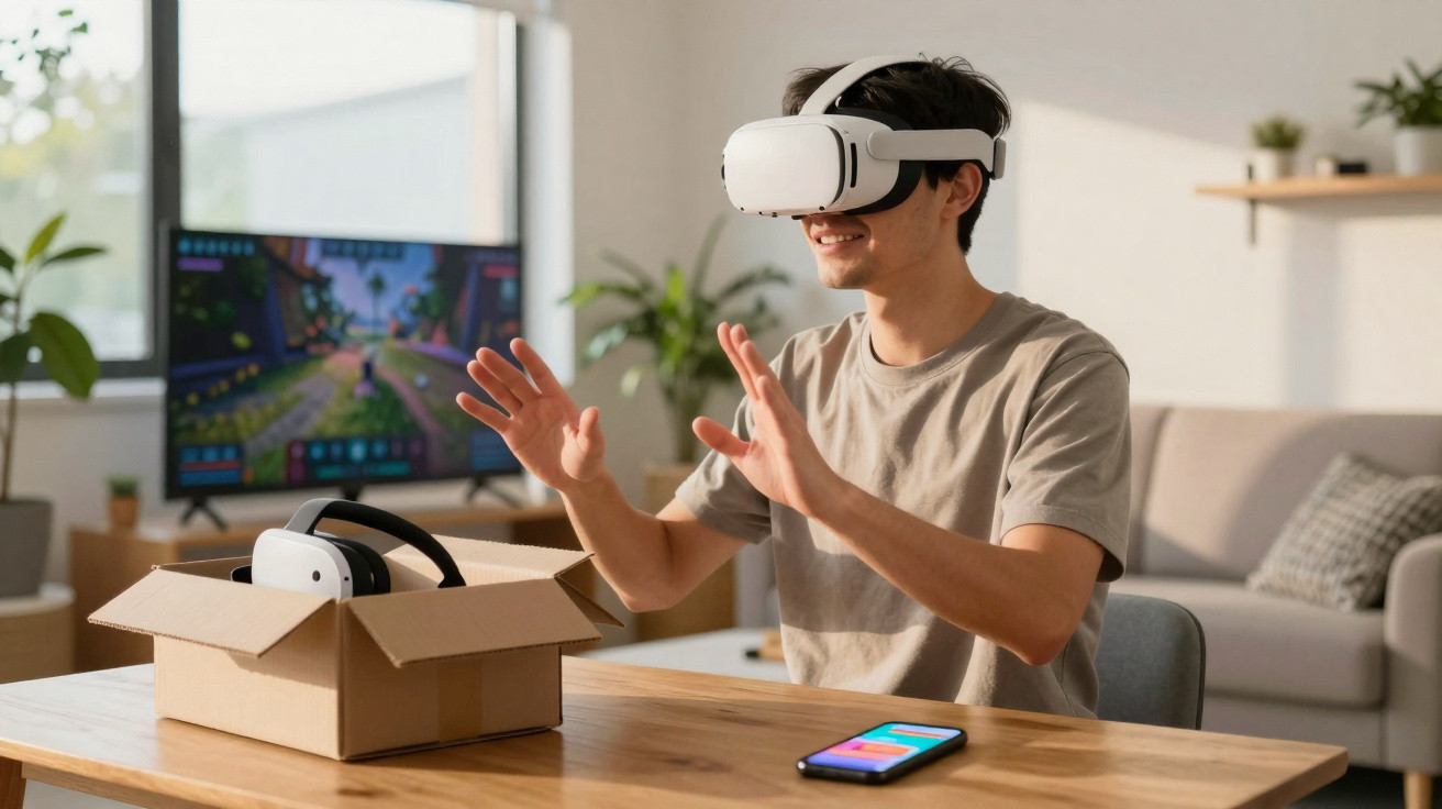 Jovem usando óculos de realidade virtual e gesticulando em sala com TV e celular numa mesa.