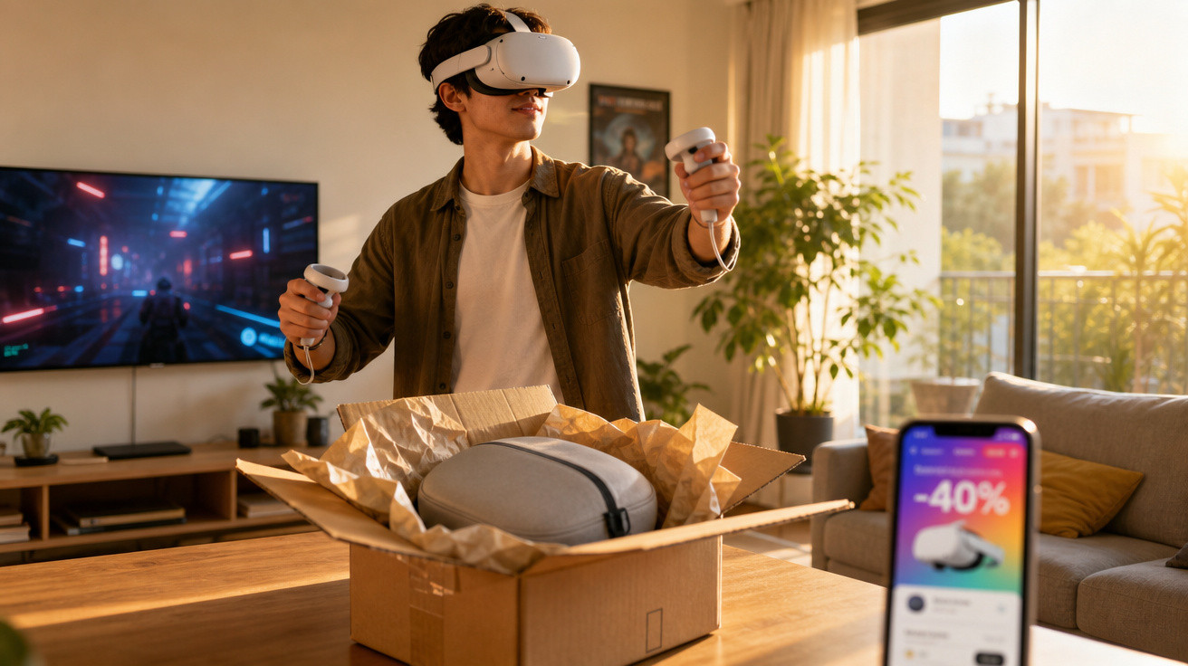 Jovem usando óculos e controles de realidade virtual em sala com caixa aberta na mesa e TV ligada.
