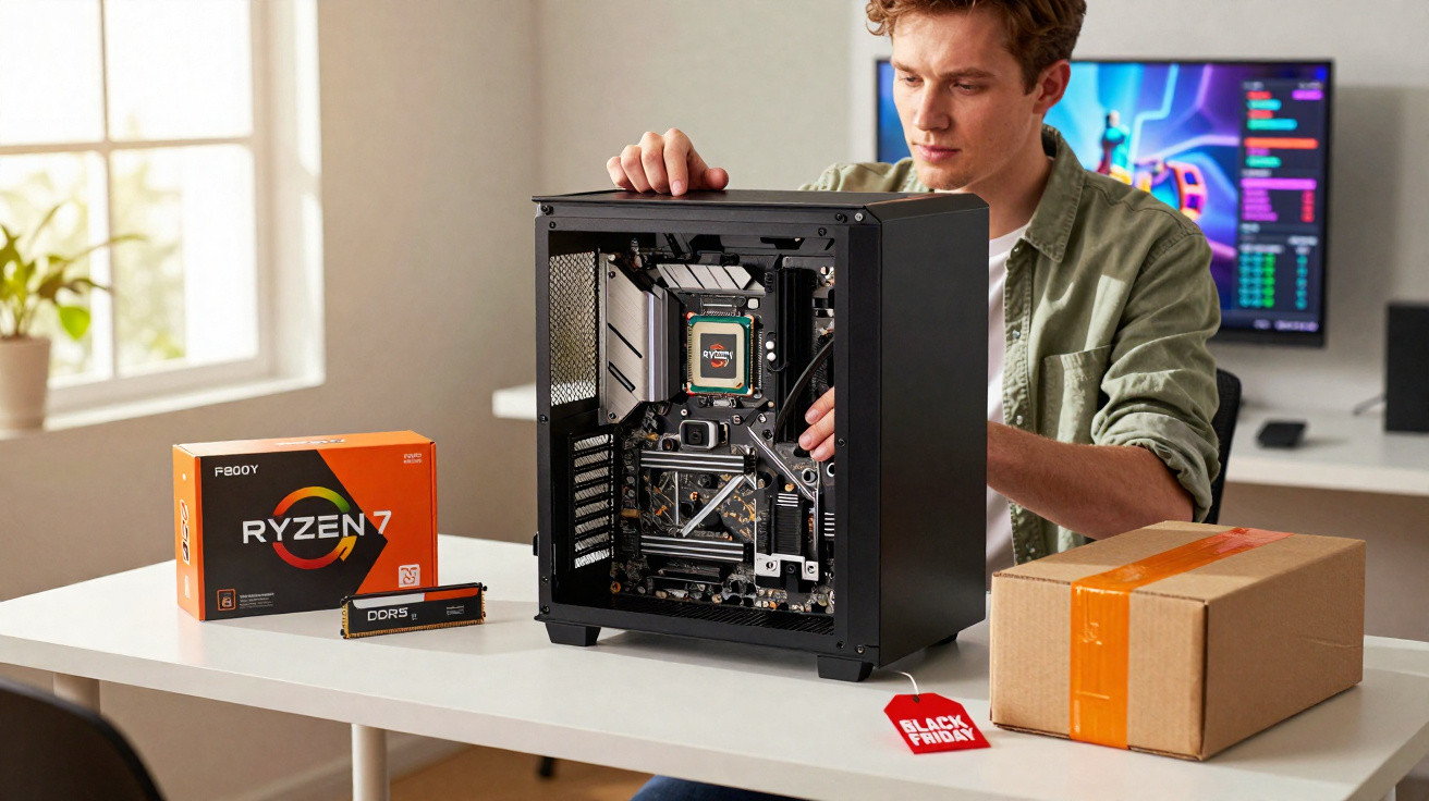 Jovem montando computador com processador Ryzen 7 e memória DDR5 em mesa com caixa de papelão.