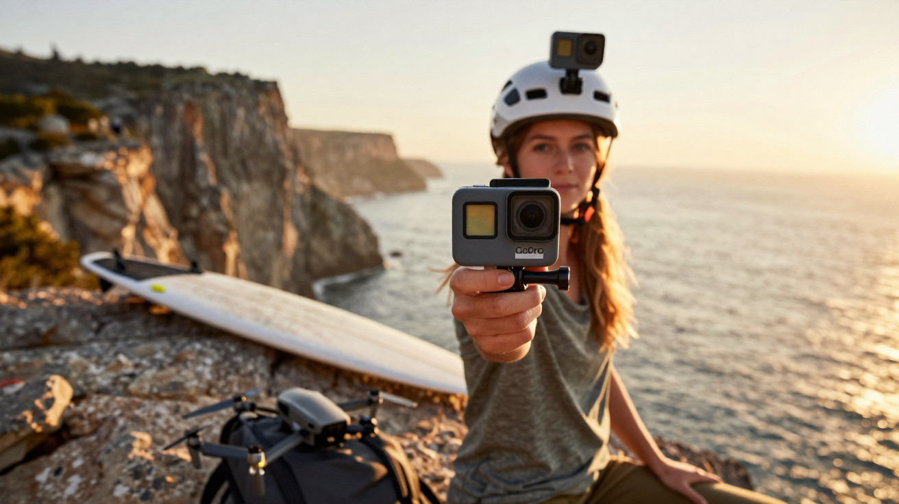 Mulher com capacete segurando câmera GoPro, com prancha e drone ao fundo em penhasco à beira-mar.