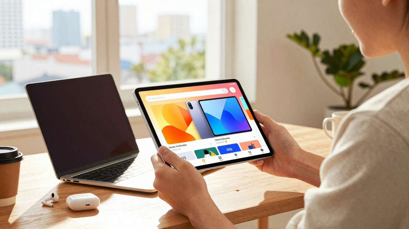 Pessoa segurando tablet em mesa com notebook, fones e copo de café em ambiente iluminado por janela.