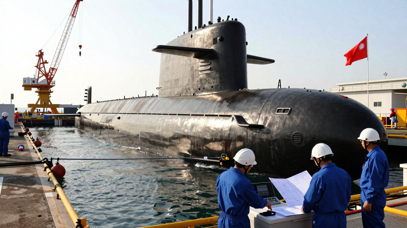 Submarino militar preto atracado em doca com três homens de capacete branco e macacão azul observando documentos.